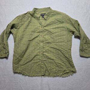 Woolrich Womens Split Pea Green Cotton Button Up Fringe 3/4 Sleeves Outdoor Sz L